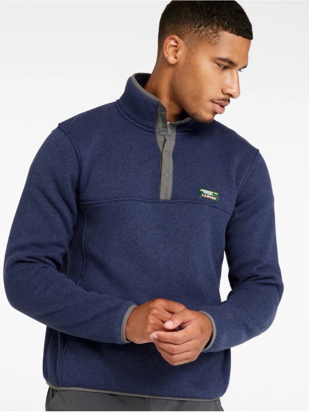 L.L. Bean Men’s Hooded Quarter Snap Fleece Pullover Navy Blue Sweater Fleece SM
